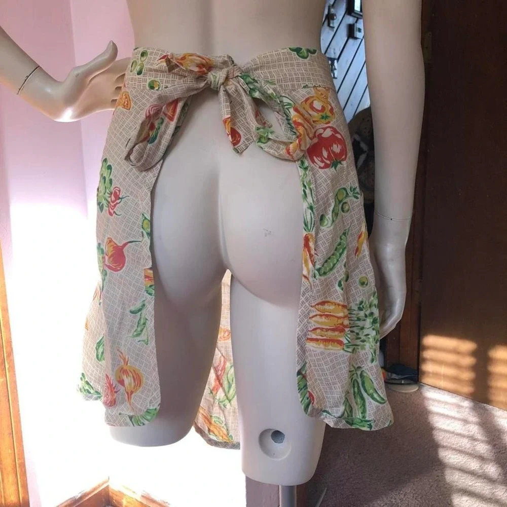 Vintage Garden Vegetable Print Half Apron Retro Kitchen‎ Tomato Asparagus Kitsch